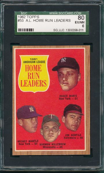 1962 Topps #053 AL Home Run Leaders W/Mantle & Maris SGC 80