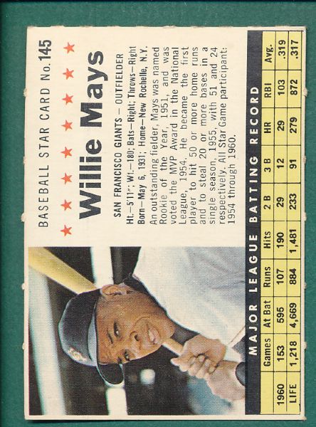 1961 Post San Francisco Giants Team Set (10) W/Willie Mays