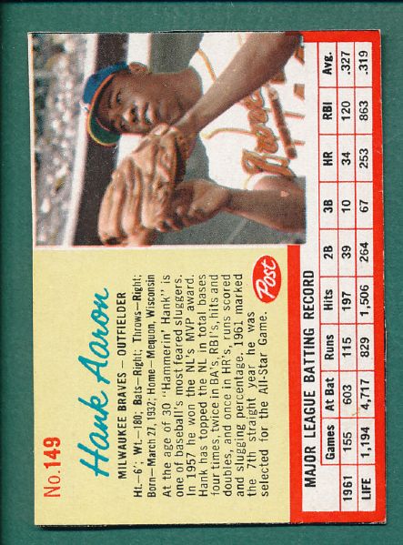 1962 Post (7) Card Lot of HOFers W/Hank Aaron