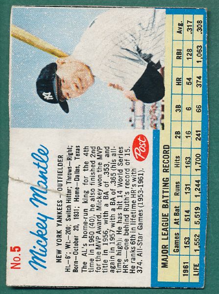 1962 Post (52) Card Lot W/Mickey Mantle