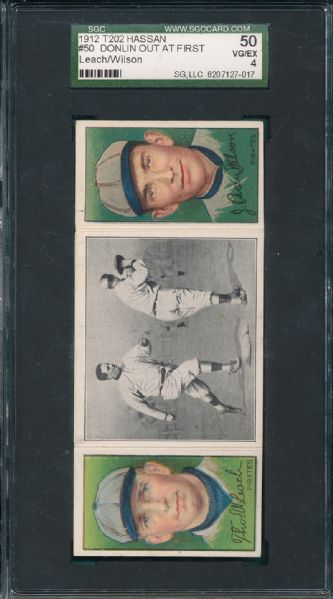 1912 T202 #50 Donlin Out at First Leach/Wilson Hassan Cigarettes Triple Folder SGC 50