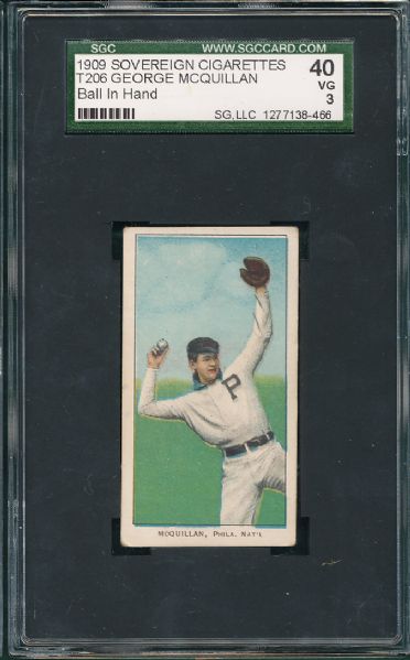 1909-1911 T206 McQuillan, Ball in Hand, Sovereign Cigarettes SGC 40