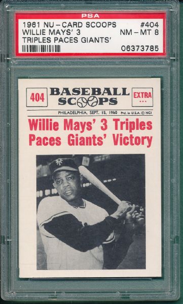 1961 Nu-Card Baseball Scoops, #404 Willie Mays 3 Triples PSA 8
