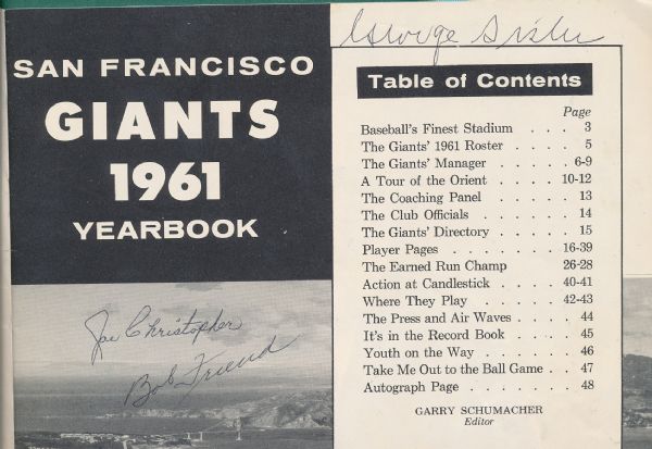 1961 San Francisco Giants Yearbook W/George Sisler Autograph