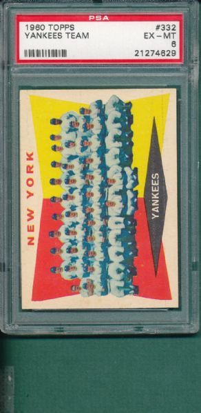 1960 Topps #332 New York Yankees, PSA 6