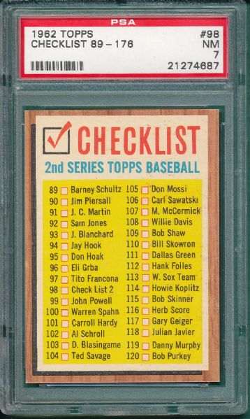 1962 Topps #98 Checklist & #133 F. Alou PSA 7 (2) Card Lot