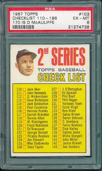 1967 Topps #103 Checklist PSA 6