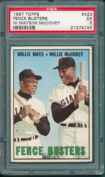 1967 Topps #423 Fence Busters, Mays/McCovey, PSA 5