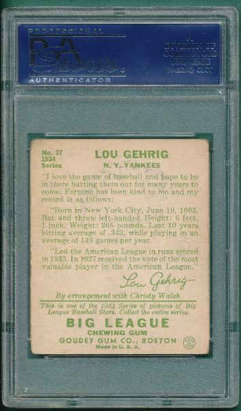 1934 Goudey #37 Lou Gehrig PSA 2