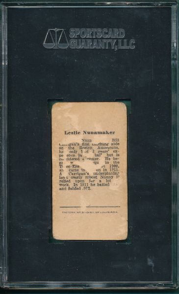 1912 T207 Leslie Nunamaker, ANON back SGC A