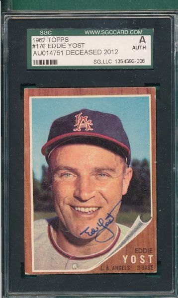 1962 Topps #176 Eddie Yost, Autographed, Certified SGC Authentic