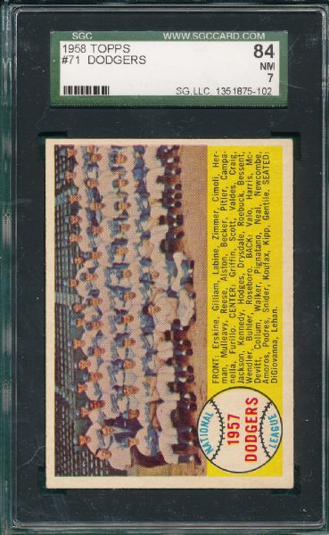 1958 Topps #71 Dodgers Team SGC 84