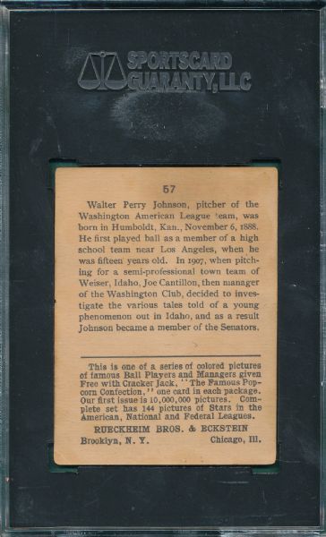 1914 Cracker Jack #57 Walter Johnson SGC 55