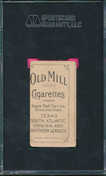 1909-1911 T206 Mullaney, Old Mill Cigarettes SGC 20 *Miscut Back, Southern League*