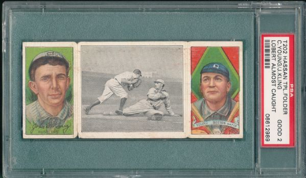 1912 T202 Lobert Almost Caught W/ Cy Young/Kling, Hassan Cigarettes PSA 2