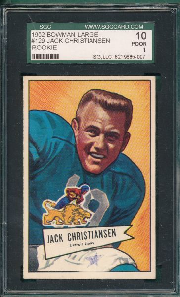 1952 Bowman FB Large #129 Jack Christiansen *Rookie* SGC 10 *Presents Better*