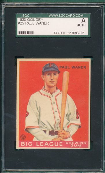 1933 Goudey #25 Paul Waner, #59 & #170 (3) Card Lot SGC Authentic *NRMT Appearance*