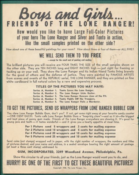 1938 Lone Ranger Advertising Sheet