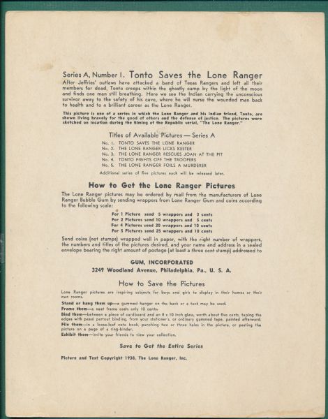 1938 Lone Ranger Premium Tonto Saves the Lone Ranger, Series A #1