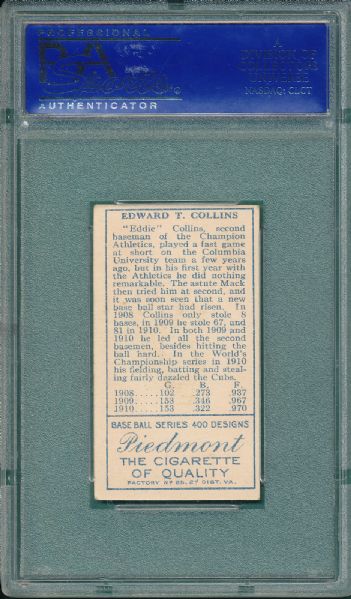 1911 T205 Eddie Collins, Mouth Closed Piedmont Cigarettes PSA 7