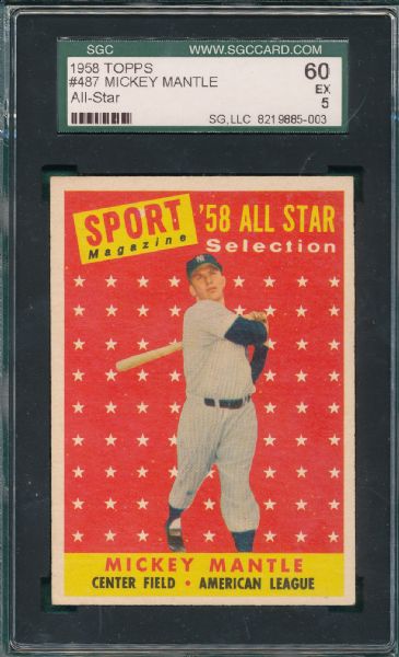 1958 Topps #487 Mickey Mantle All Star SGC 60