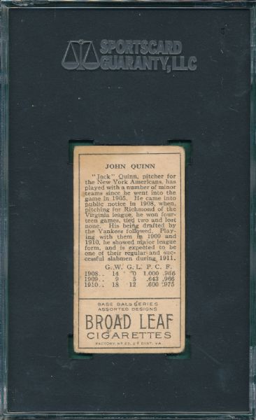 1911 T205 Quinn Broad Leaf Cigarettes SGC 40