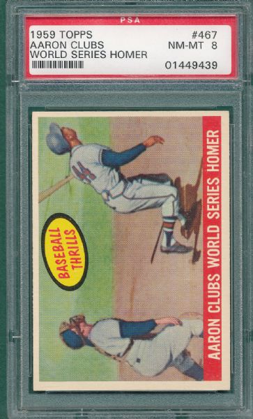 1959 Topps #467 Baseball Thrills, Aaron PSA 8