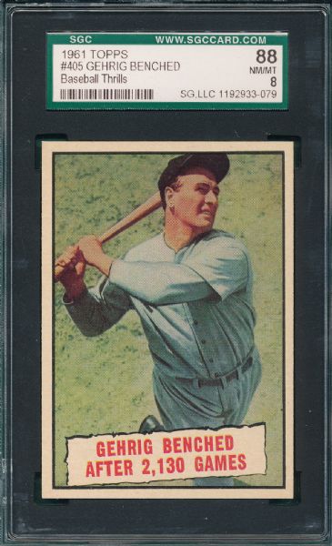 1961 Topps #405 Gehrig Benched SGC 88