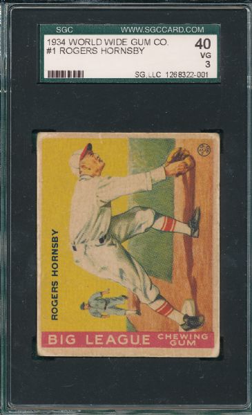 1934 #1 Rogers Hornsby World Wide Gum SGC 40