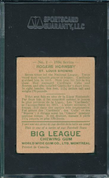 1934 #1 Rogers Hornsby World Wide Gum SGC 40