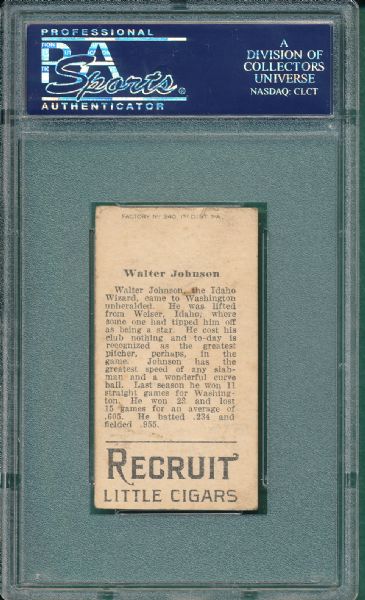 1912 T207 Walter Johnson Recruit Little Cigars PSA 4 (MC) *Factory Number on Top*
