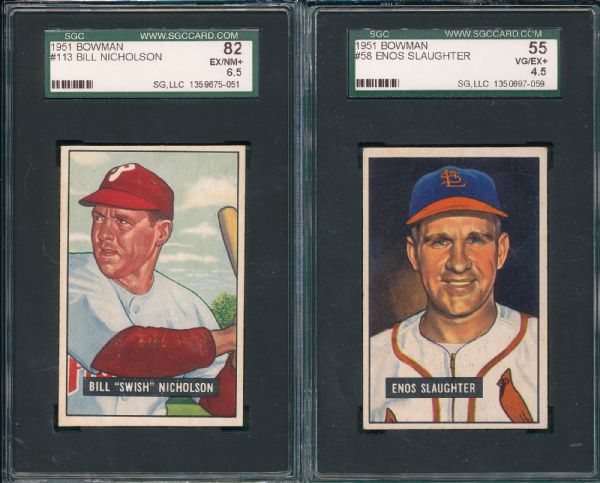 1951 Bowman #58 Slaughter & #113 Nicholson (2) Card Lot SGC 