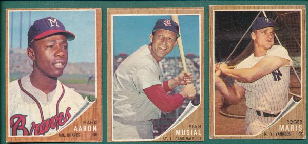 1962 Topps Aaron, Musial & Maris (3) Card Lot 