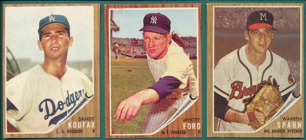1962 Topps Koufax, Ford & Spahn (3) Card Lot 