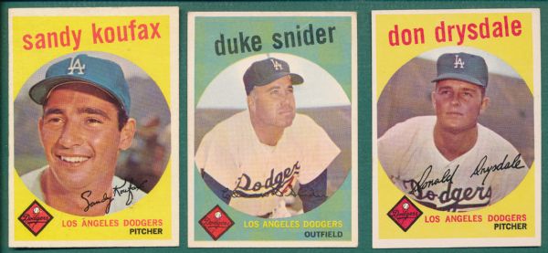 1959 Topps Dodgers HOFers (3) Card Lot 