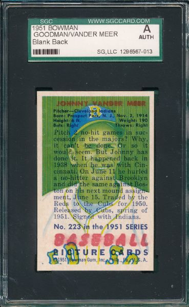1951 Bowman Vander Meer/Goodman, All on Front, SGC A  *Unique Card*