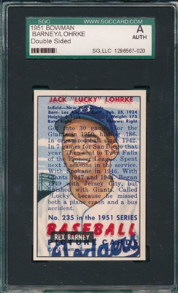 1951 Bowman Barney/Lohrke, Double Sided, SGC A  *Unique Card*
