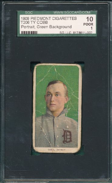 1909-1911 T206 Cobb, Ty, Green Portrait, Piedmont Cigarettes SGC 10