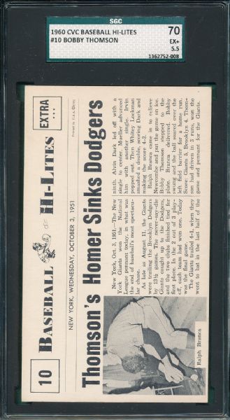 1960 CVC Baseball Hi-Lites #10 Bobby Thomson SGC 70