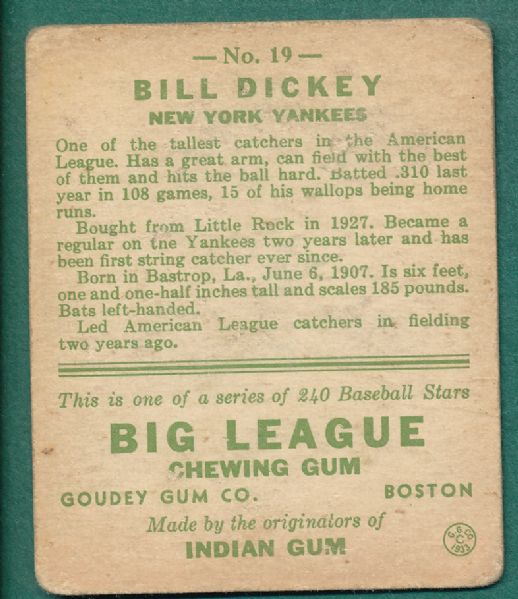 1933 Goudey #19 Bill Dickey