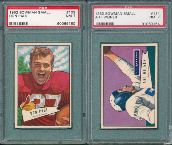 1952 Bowman Small #103 Paul & #114 Weiner (2) Card Lot PSA 7