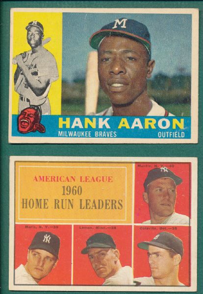 1960 Topps #300 Hank Aaron & 1961 #44 AL HR Leaders W/ Mantle (2) Card Lot