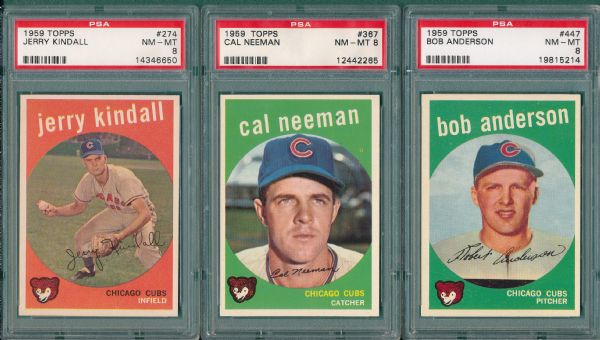 1959 Topps Lot of (3) Cubs W/ Kindall PSA 8