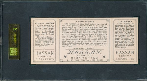 1912 T202 A Great Batsman (Lajoie), Rucker/Bergen, Hassan Cigarettes SGC 60