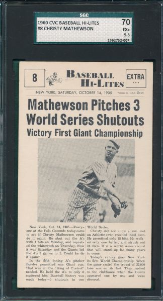 1960 CVC Baseball Hi-Lites Lot of (3) W/ #08 Christy Matewson SGC 70