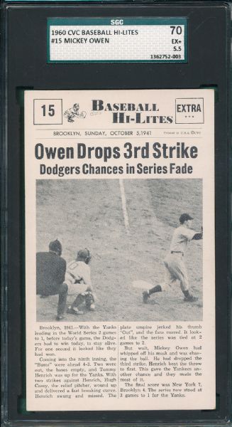 1960 CVC Baseball Hi-Lites Lot of (3) W/ #15 Mickey Owen SGC 70