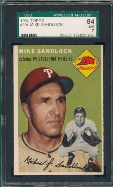 1954 Topps #68 Calderone & #104 Sandlock (2) Card Lot, SGC 84