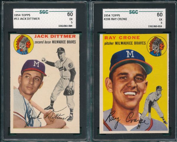 1954 Topps (4) Card Lot of Braves, SGC W/ Dittmer