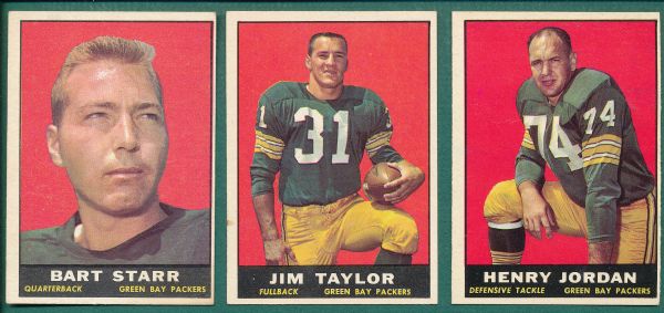 1961 Topps FB Packers (3) Card Lot W/ Starr, Taylor & Jordan