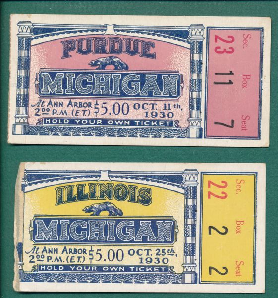1930 University of Michigan Football Ticket Stub, Lot of (2)